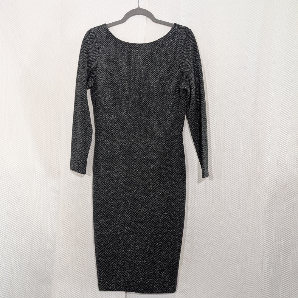 Banana Republic Zig-Zag Sheath Dress Black Gray V-Back Textured Knit Size 10